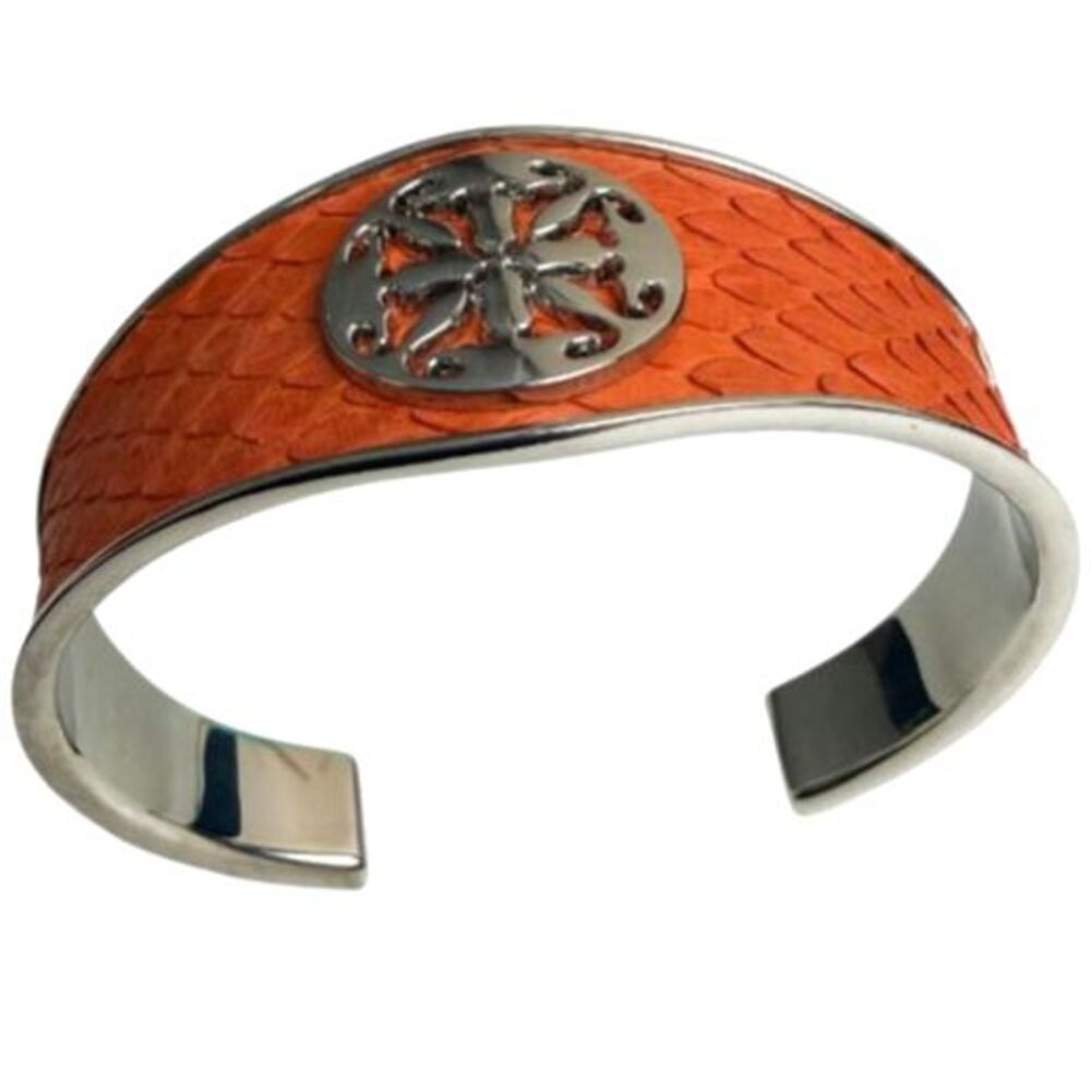Rustic Cuff Monique Python Tangerine Leather Silver Tone Signature Logo Cuff - Picture 2 of 11